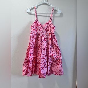 Red dress with pink flowers.